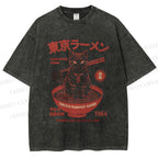 Unisex Tokyo Ramen Cat Printed Washed Tee