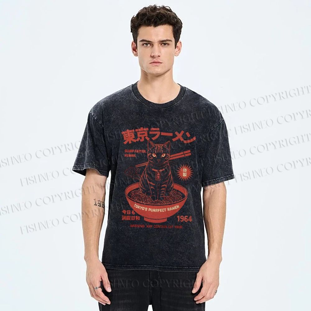 Unisex Tokyo Ramen Cat Printed Washed Tee