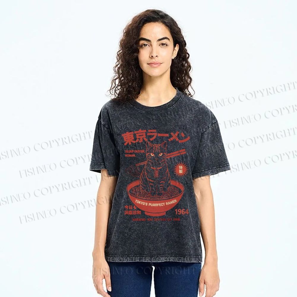 Unisex Tokyo Ramen Cat Printed Washed Tee
