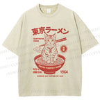Unisex Tokyo Ramen Cat Printed Washed Tee