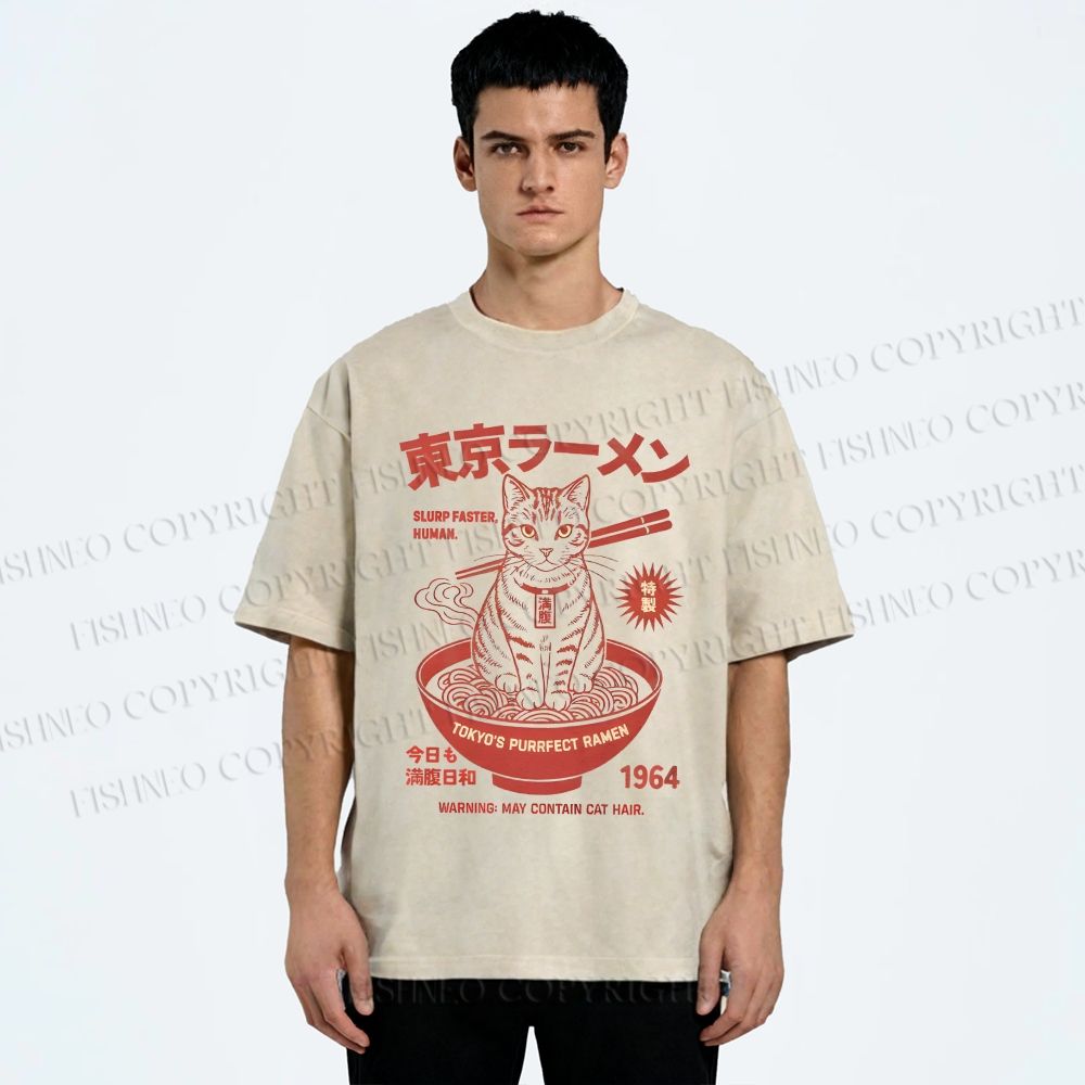 Unisex Tokyo Ramen Cat Printed Washed Tee