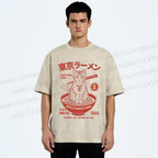 Unisex Tokyo Ramen Cat Printed Washed Tee