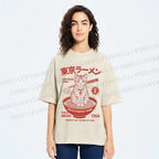 Unisex Tokyo Ramen Cat Printed Washed Tee