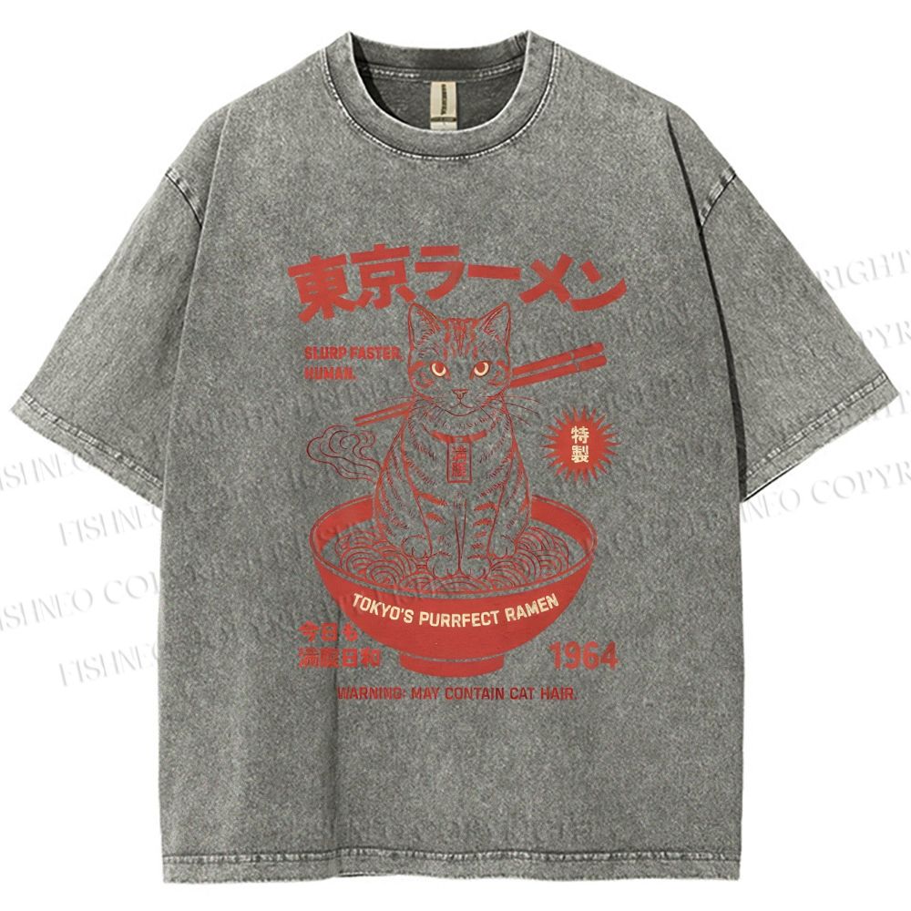 Unisex Tokyo Ramen Cat Printed Washed Tee