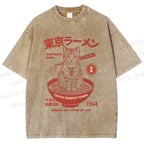 Unisex Tokyo Ramen Cat Printed Washed Tee