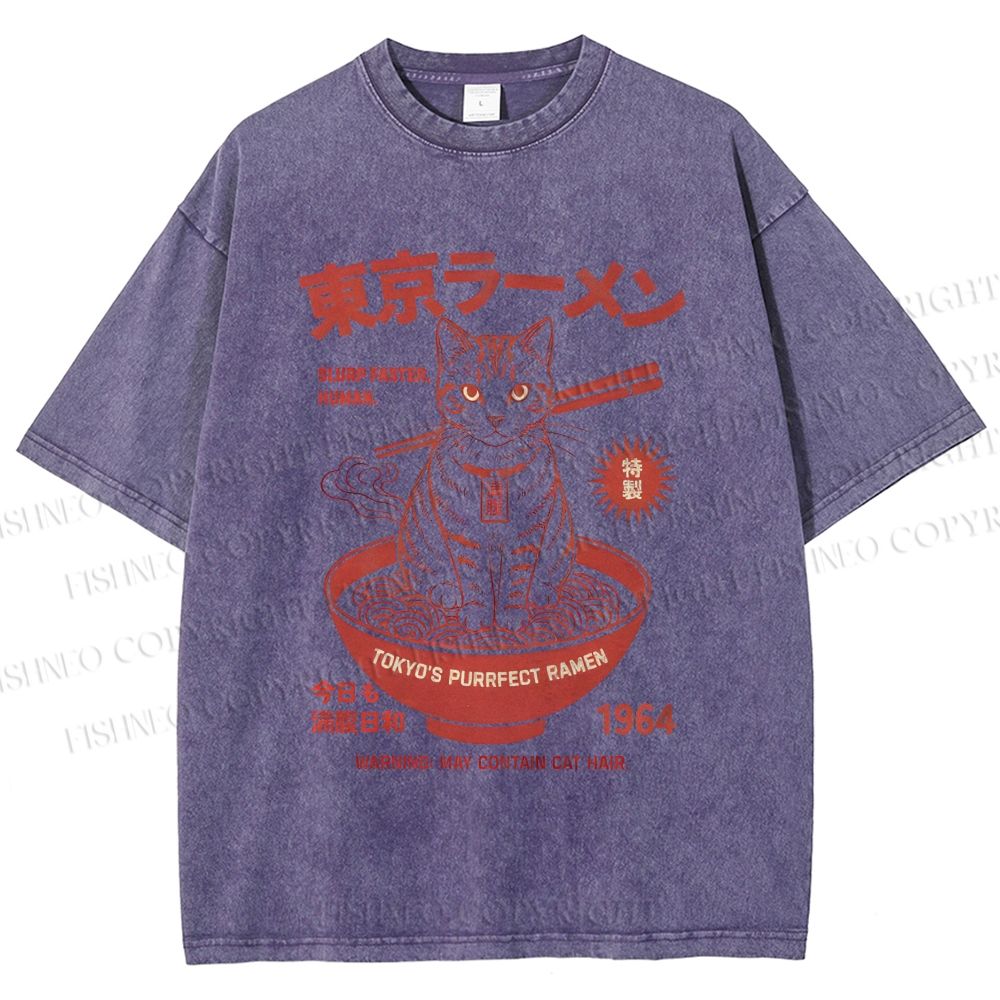Unisex Tokyo Ramen Cat Printed Washed Tee