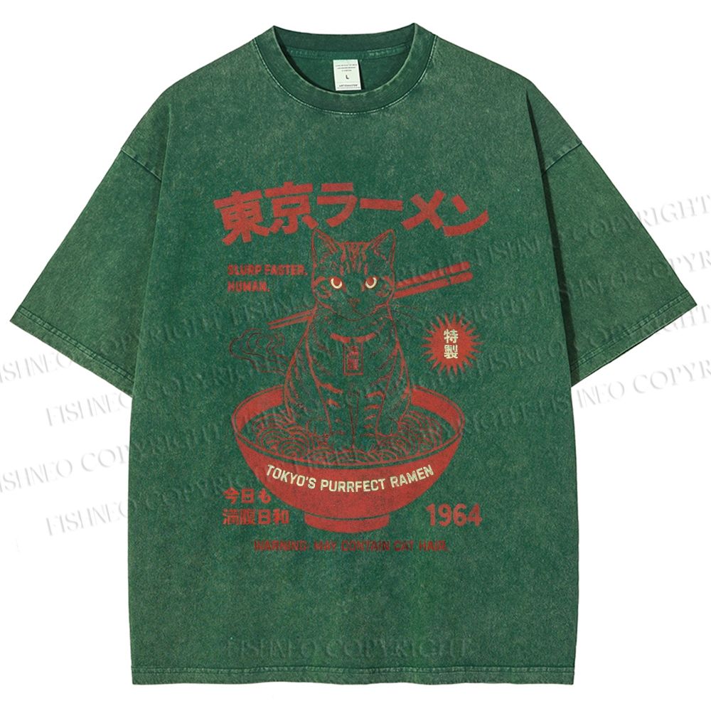 Unisex Tokyo Ramen Cat Printed Washed Tee