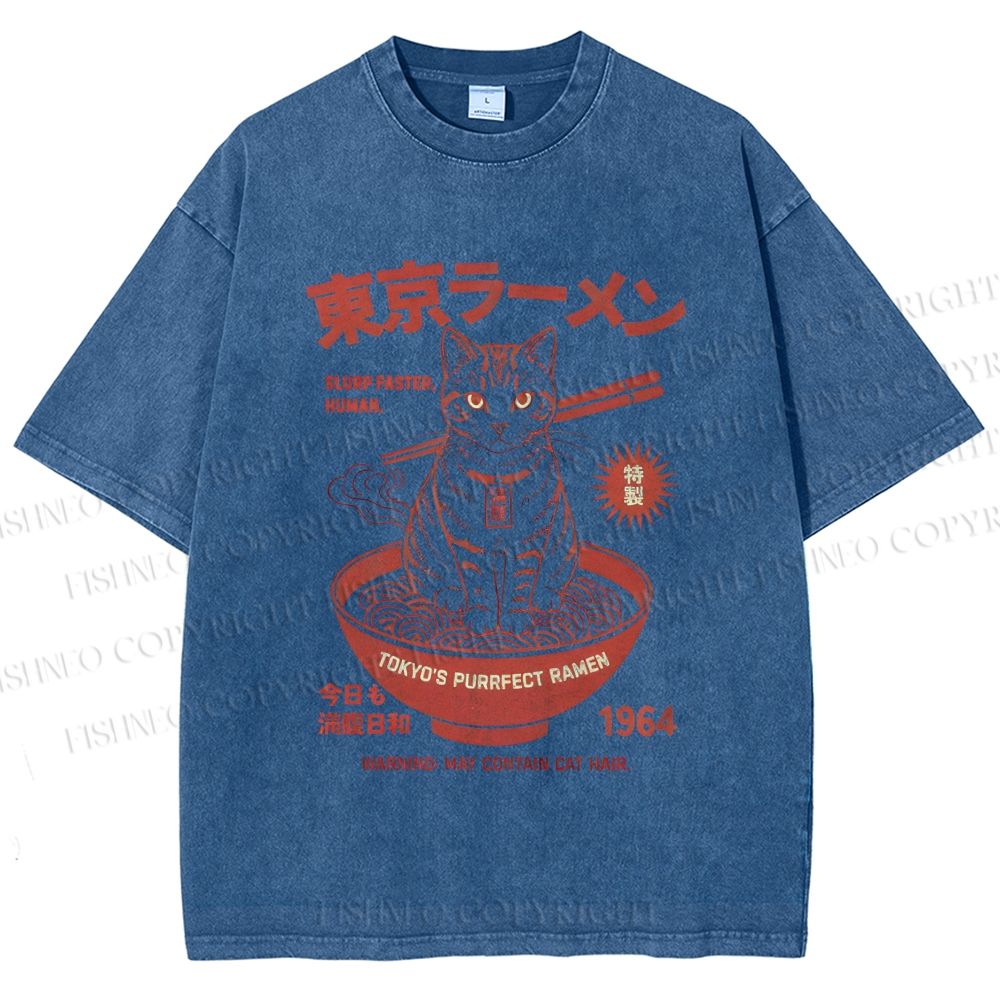 Unisex Tokyo Ramen Cat Printed Washed Tee