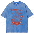 Unisex Tokyo Ramen Cat Printed Washed Tee