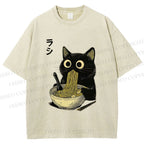 Unisex Ramen Black Cat Printed Washed Tee