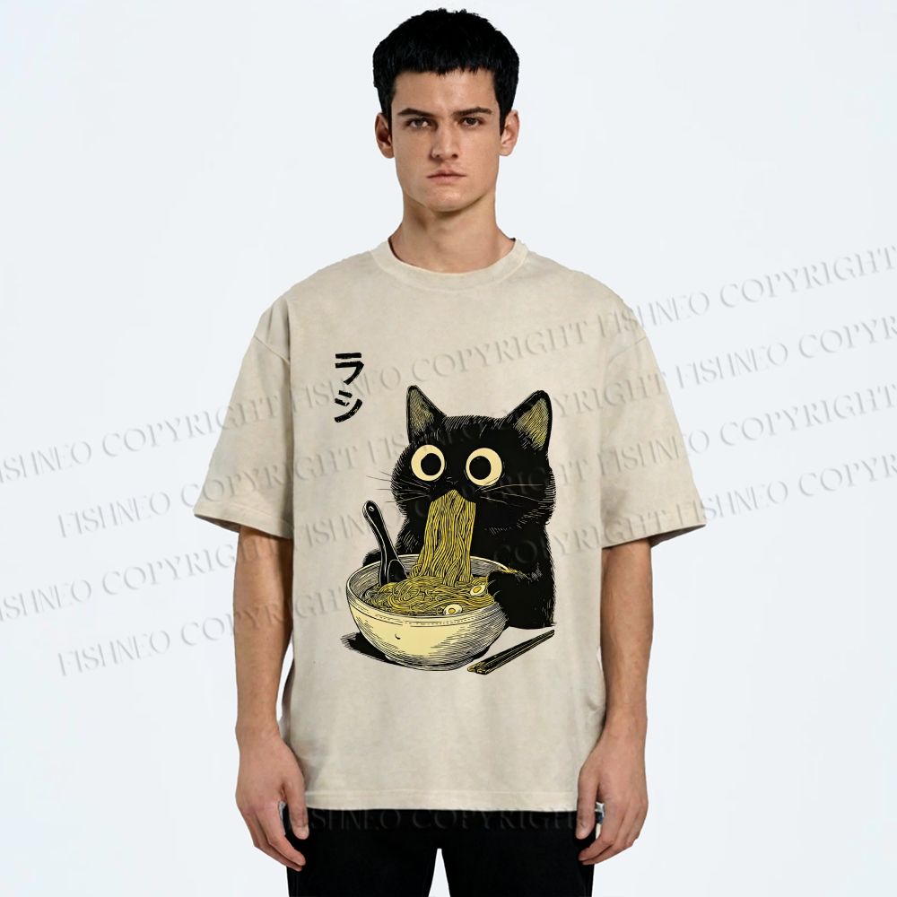 Unisex Ramen Black Cat Printed Washed Tee