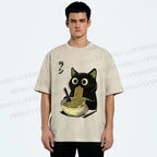 Unisex Ramen Black Cat Printed Washed Tee