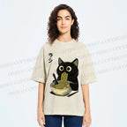 Unisex Ramen Black Cat Printed Washed Tee