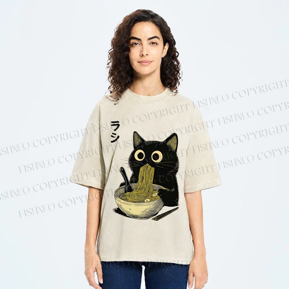 Unisex Ramen Black Cat Printed Washed Tee