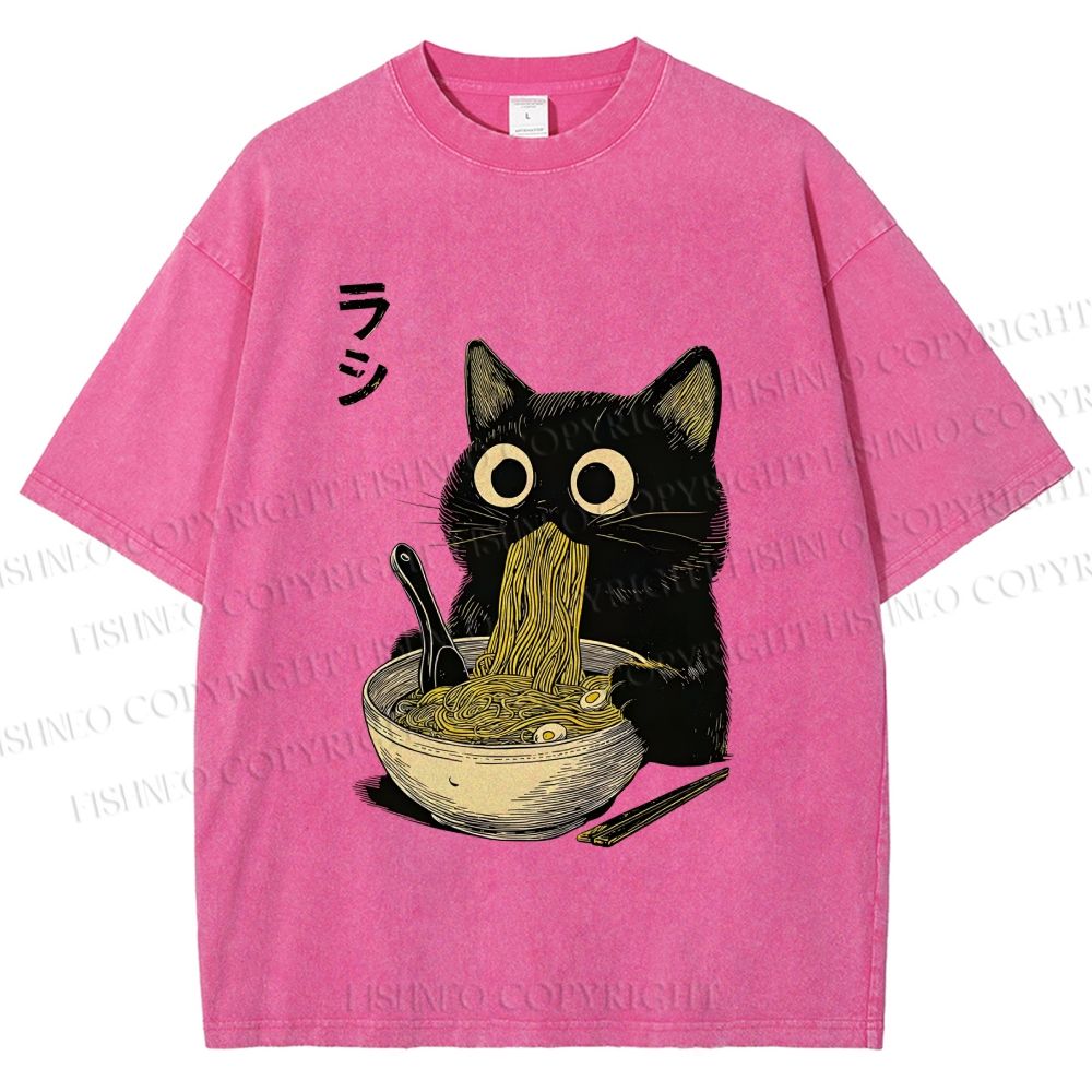 Unisex Ramen Black Cat Printed Washed Tee
