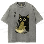 Unisex Ramen Black Cat Printed Washed Tee