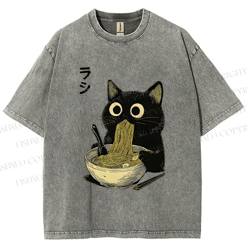 Unisex Ramen Black Cat Printed Washed Tee