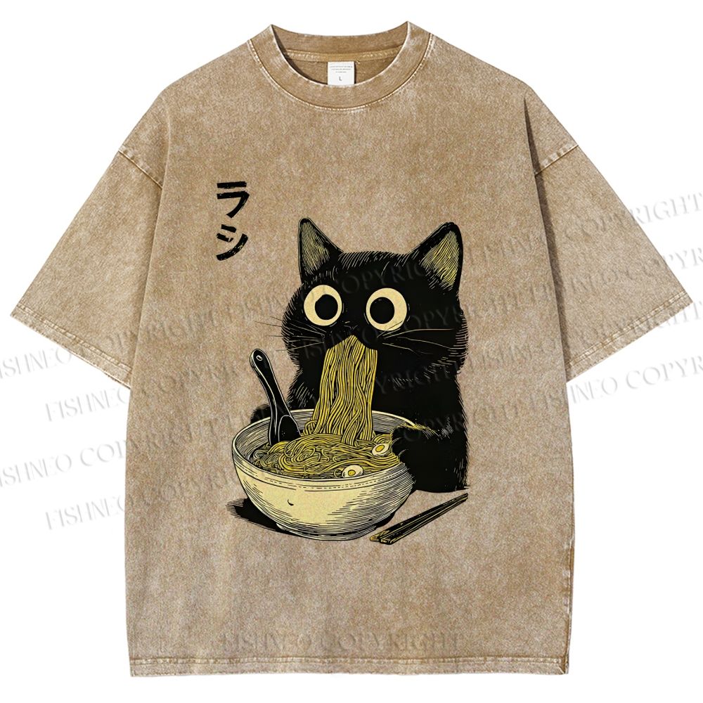 Unisex Ramen Black Cat Printed Washed Tee