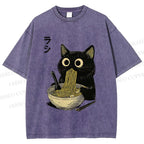 Unisex Ramen Black Cat Printed Washed Tee