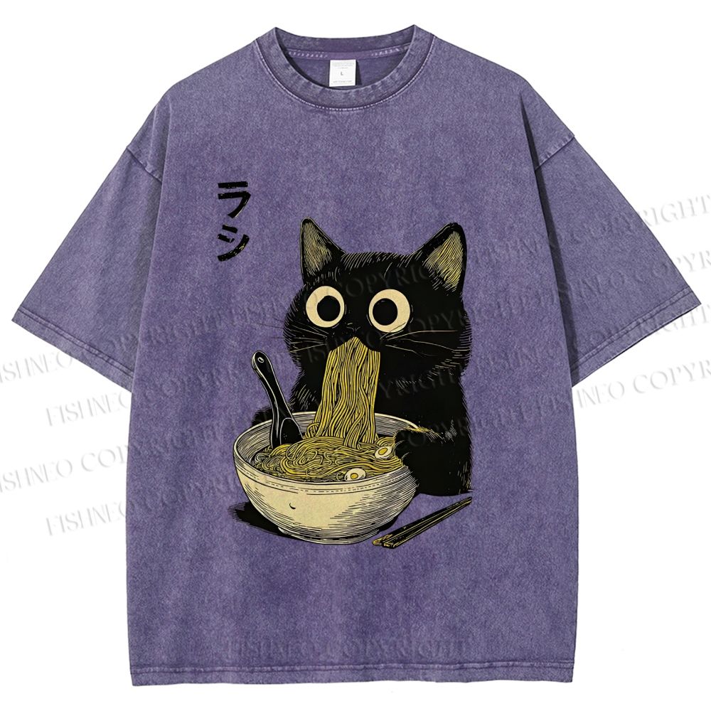 Unisex Ramen Black Cat Printed Washed Tee