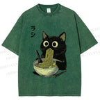Unisex Ramen Black Cat Printed Washed Tee