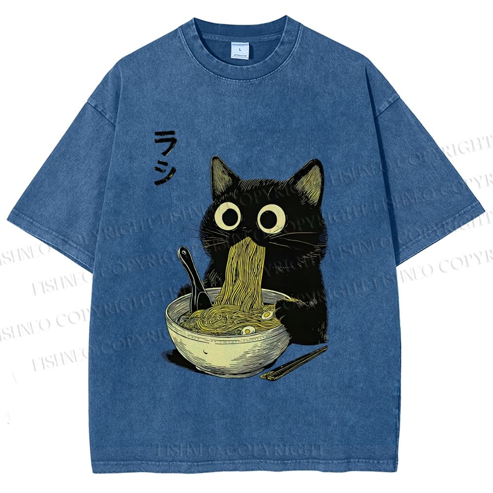 Unisex Ramen Black Cat Printed Washed Tee