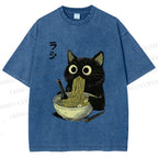 Unisex Ramen Black Cat Printed Washed Tee
