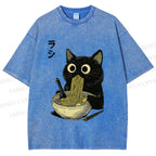 Unisex Ramen Black Cat Printed Washed Tee