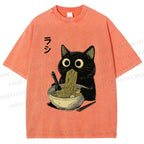 Unisex Ramen Black Cat Printed Washed Tee