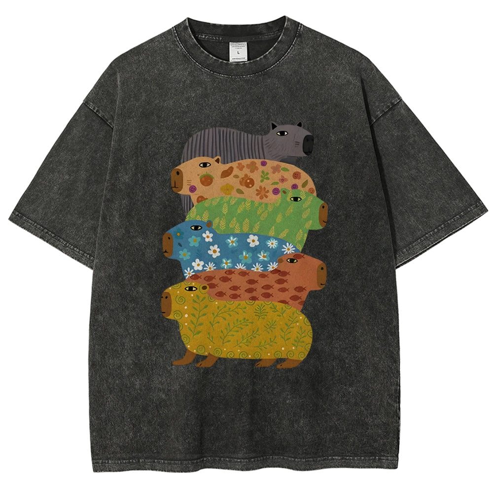 Unisex Colorful Capybaras Washed T-Shirt