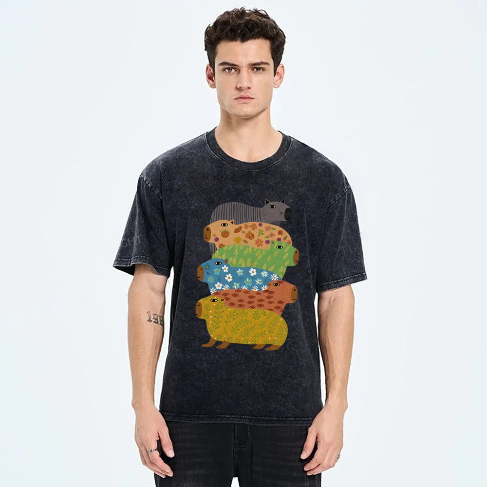 Unisex Colorful Capybaras Washed T-Shirt