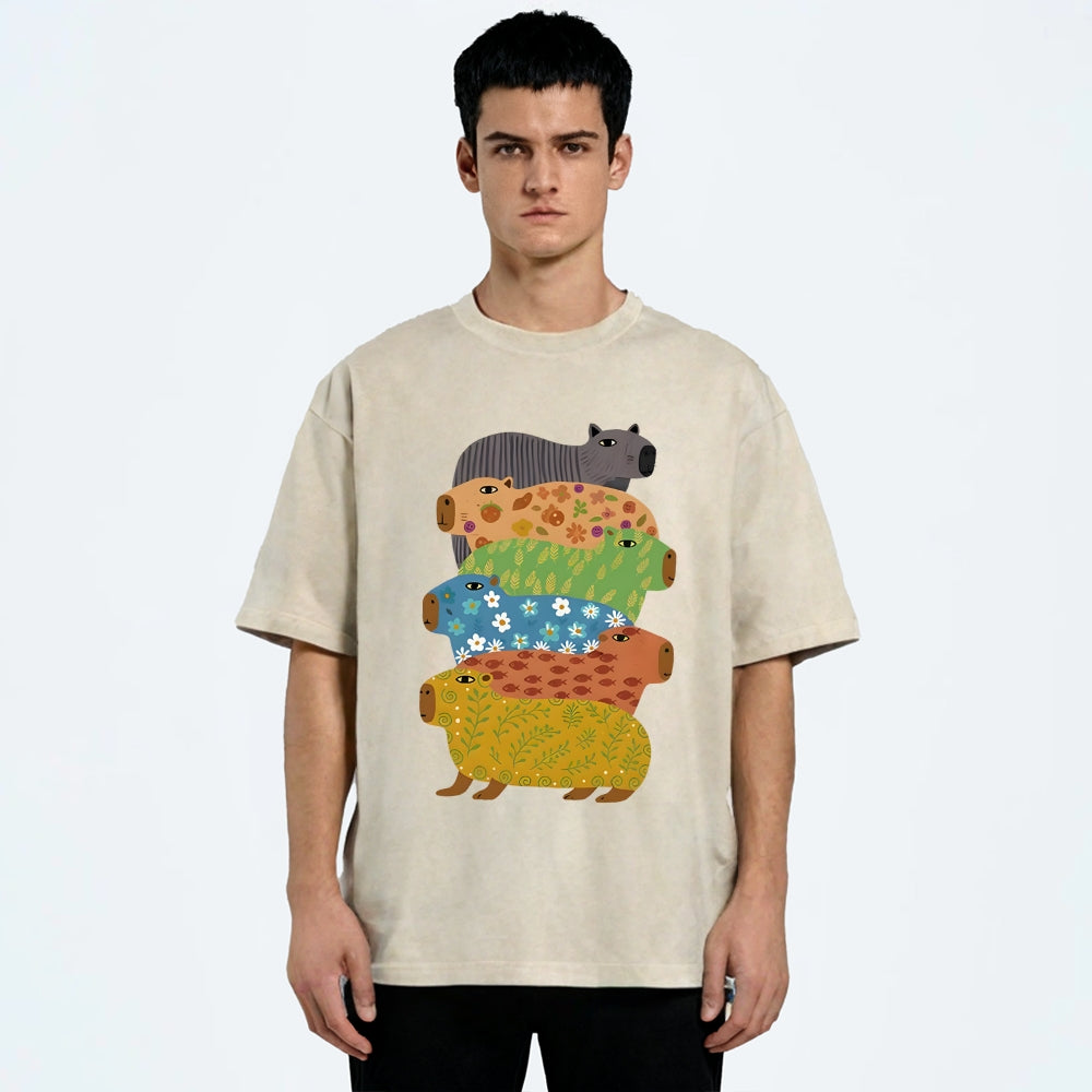 Unisex Colorful Capybaras Washed T-Shirt