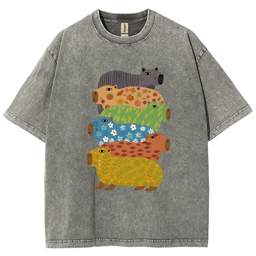 Unisex Colorful Capybaras Washed T-Shirt