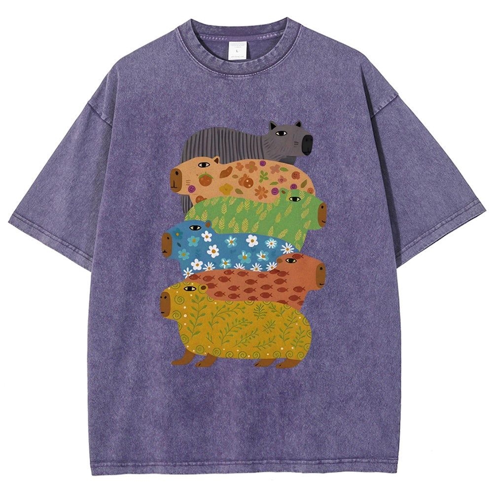 Unisex Colorful Capybaras Washed T-Shirt