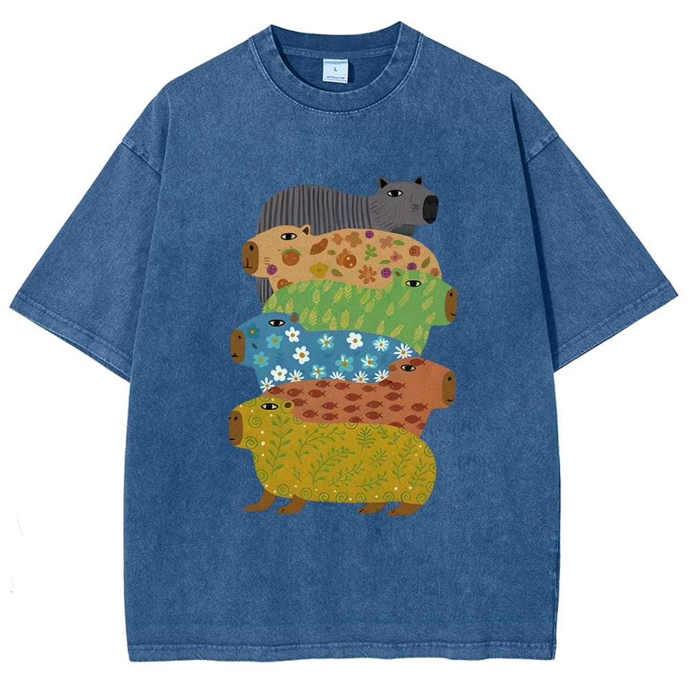 Unisex Colorful Capybaras Washed T-Shirt
