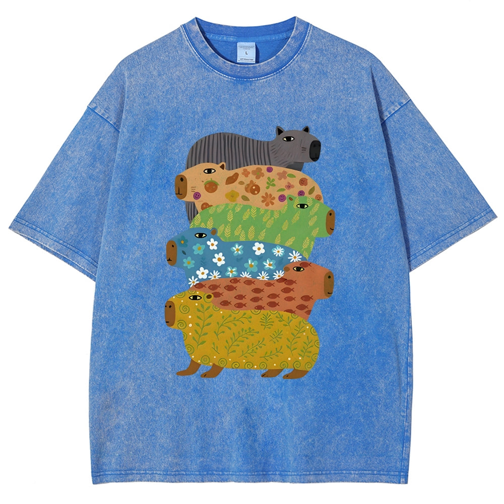 Unisex Colorful Capybaras Washed T-Shirt