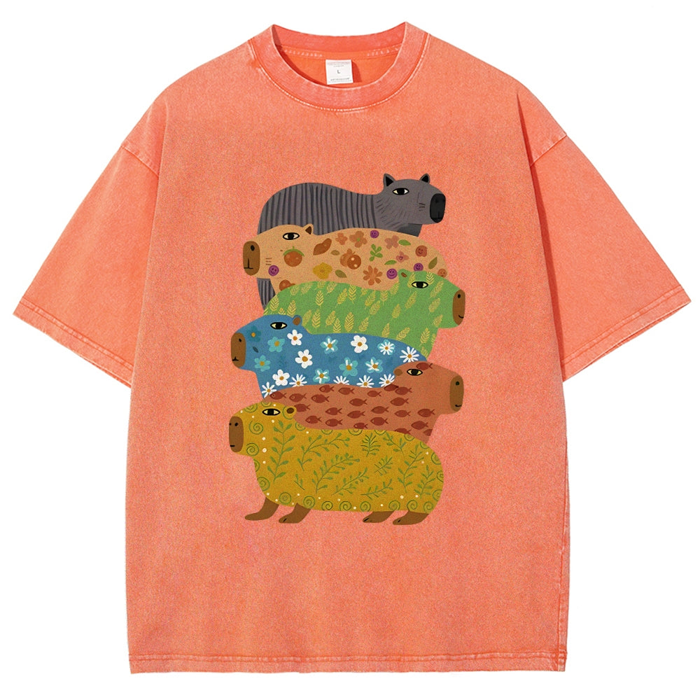 Unisex Colorful Capybaras Washed T-Shirt