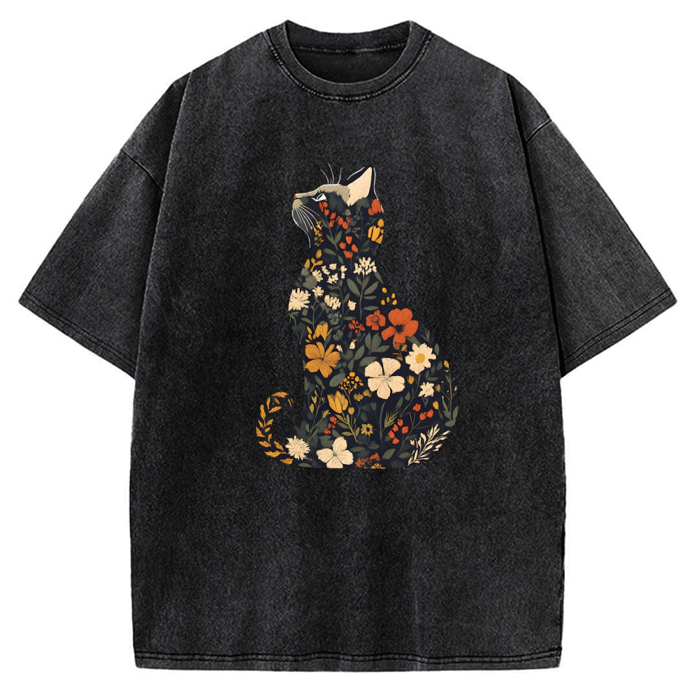Unisex Flower Cat Printed Washed Tee