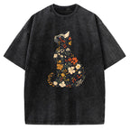 Unisex Flower Cat Printed Washed Tee