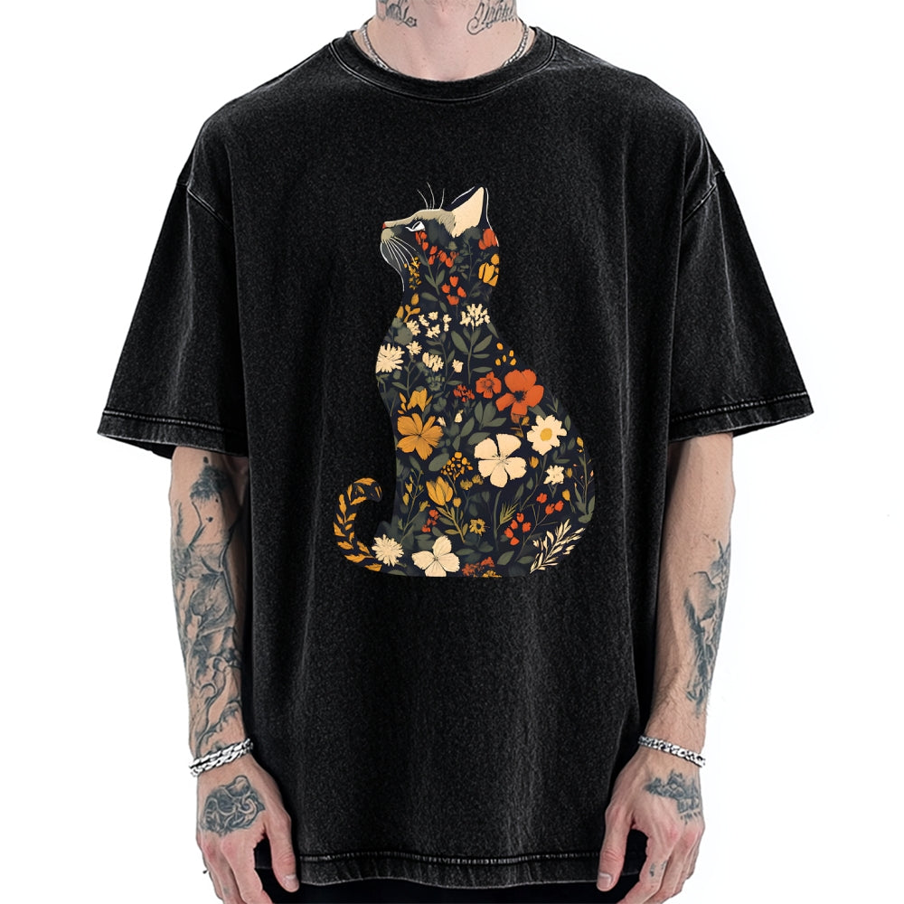 Unisex Flower Cat Printed Washed Tee