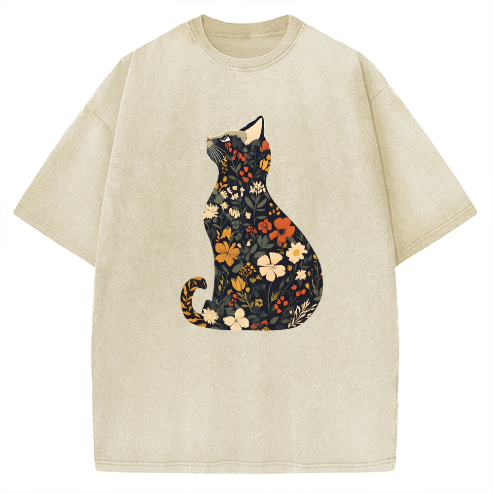 Unisex Flower Cat Printed Washed Tee