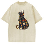 Unisex Flower Cat Printed Washed Tee