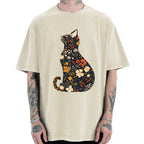 Unisex Flower Cat Printed Washed Tee