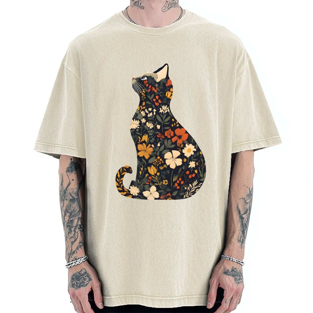 Unisex Flower Cat Printed Washed Tee