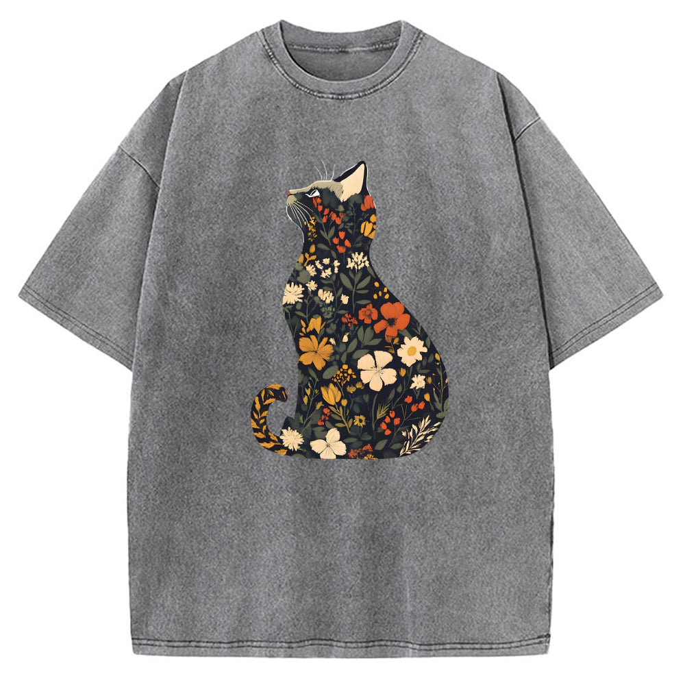 Unisex Flower Cat Printed Washed Tee