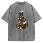 Unisex Flower Cat Printed Washed Tee
