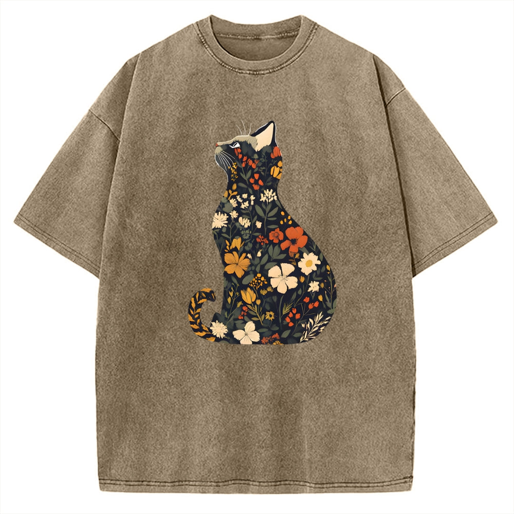 Unisex Flower Cat Printed Washed Tee