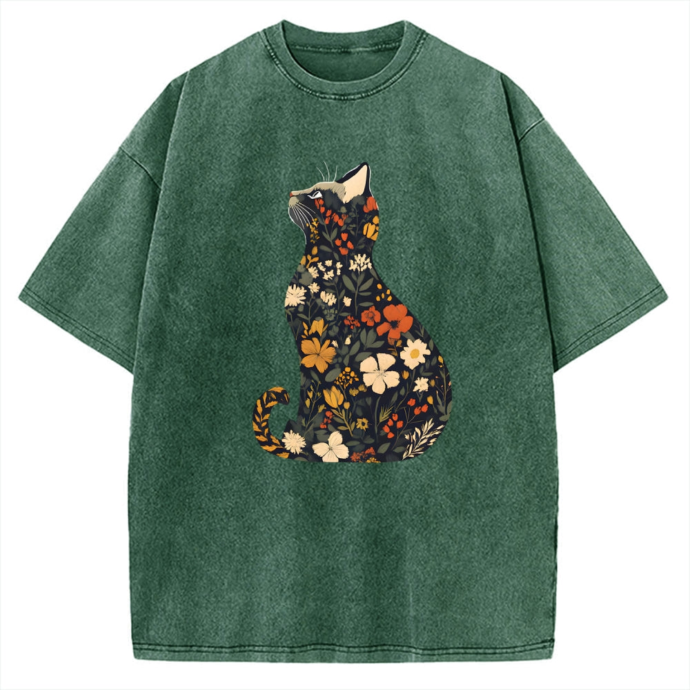 Unisex Flower Cat Printed Washed Tee