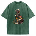 Unisex Flower Cat Printed Washed Tee