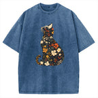 Unisex Flower Cat Printed Washed Tee